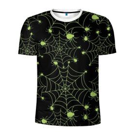 Мужская футболка 3D спортивная с принтом Зелёная паутина в Екатеринбурге, 100% полиэстер с улучшенными характеристиками | приталенный силуэт, круглая горловина, широкие плечи, сужается к линии бедра | background | black | cobweb | color | gothic | green | halloween | holiday | insect | pattern | spider | weave | web | готика | зеленый | насекомое | паук | паутина | плести | праздник | сеть | узор | фон | хэллоуин | цвет | черный