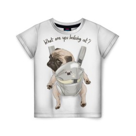 Детская футболка 3D с принтом Мопс в рюкзаке в Екатеринбурге, 100% гипоаллергенный полиэфир | прямой крой, круглый вырез горловины, длина до линии бедер, чуть спущенное плечо, ткань немного тянется | background | backpack | breed | brown | color | cute | dog | funny | gray | look | muzzle | paws | pug | puppy | slogan | small | trace | white | белый | взгляд | коричневый | лапы | маленький | милый | мопс | пес | порода | прикольный | рюкзак | 