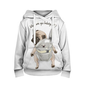 Детская толстовка 3D с принтом Мопс в рюкзаке в Екатеринбурге, 100% полиэстер | двухслойный капюшон со шнурком для регулировки, мягкие манжеты на рукавах и по низу толстовки, спереди карман-кенгуру с мягким внутренним слоем | background | backpack | breed | brown | color | cute | dog | funny | gray | look | muzzle | paws | pug | puppy | slogan | small | trace | white | белый | взгляд | коричневый | лапы | маленький | милый | мопс | пес | порода | прикольный | рюкзак | 