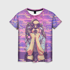 Женская футболка 3D с принтом Девушка в очках в Екатеринбурге, 100% полиэфир ( синтетическое хлопкоподобное полотно) | прямой крой, круглый вырез горловины, длина до линии бедер | background | blue | bright | color | colorful | cool | cyberpunk | girl | hairstyle | pink | purple | scho | skirt | student | девочка | девушка | киберпанк | круто | очки | прикольно | прическа | разноцветный | розовый | рубашка | син