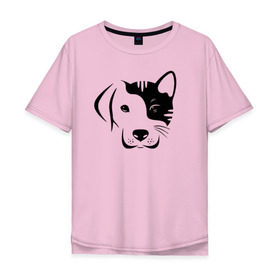 Мужская футболка хлопок Oversize с принтом Котопес в Екатеринбурге, 100% хлопок | свободный крой, круглый ворот, “спинка” длиннее передней части | cat | dog | kitten | unity | единство | кот | котенок | кошка | пес | собака