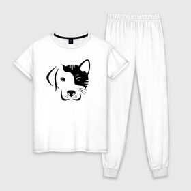 Женская пижама хлопок с принтом Котопес в Екатеринбурге, 100% хлопок | брюки и футболка прямого кроя, без карманов, на брюках мягкая резинка на поясе и по низу штанин | cat | dog | kitten | unity | единство | кот | котенок | кошка | пес | собака