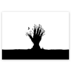 Поздравительная открытка с принтом Дерево в Екатеринбурге, 100% бумага | плотность бумаги 280 г/м2, матовая, на обратной стороне линовка и место для марки
 | bird | branches | ground | hand | leafs | tree | ветки | дерево | земля | листья | птица | рука