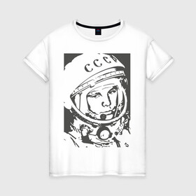 Женская футболка хлопок с принтом Гагарин в Екатеринбурге, 100% хлопок | прямой крой, круглый вырез горловины, длина до линии бедер, слегка спущенное плечо | гагарин | знаменитость | коммунизм | космонавт | космос | новая | новинка | первый | первый космонавт | ссср | топ | хит