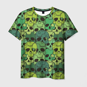 Мужская футболка 3D с принтом Зеленые черепа в Екатеринбурге, 100% полиэфир | прямой крой, круглый вырез горловины, длина до линии бедер | anger | black | death | drawing | green | horror | illustration | lime | look | marsh | scary | skull | terrible | болотный | взгляд | зеленый | злость | иллюстрация | рисунок | салатовый | страшный | ужас | ужасный | черепа | черный