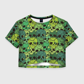 Женская футболка Cropp-top с принтом Зеленые черепа в Екатеринбурге, 100% полиэстер | круглая горловина, длина футболки до линии талии, рукава с отворотами | anger | black | death | drawing | green | horror | illustration | lime | look | marsh | scary | skull | terrible | болотный | взгляд | зеленый | злость | иллюстрация | рисунок | салатовый | страшный | ужас | ужасный | черепа | черный