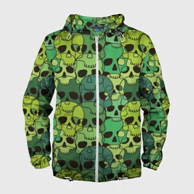 Мужская ветровка 3D с принтом Зеленые черепа в Екатеринбурге, 100% полиэстер | подол и капюшон оформлены резинкой с фиксаторами, два кармана без застежек по бокам, один потайной карман на груди | anger | black | death | drawing | green | horror | illustration | lime | look | marsh | scary | skull | terrible | болотный | взгляд | зеленый | злость | иллюстрация | рисунок | салатовый | страшный | ужас | ужасный | черепа | черный