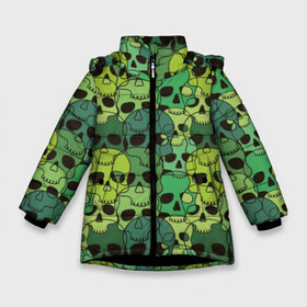 Зимняя куртка для девочек 3D с принтом Зеленые черепа в Екатеринбурге, ткань верха — 100% полиэстер; подклад — 100% полиэстер, утеплитель — 100% полиэстер. | длина ниже бедра, удлиненная спинка, воротник стойка и отстегивающийся капюшон. Есть боковые карманы с листочкой на кнопках, утяжки по низу изделия и внутренний карман на молнии. 

Предусмотрены светоотражающий принт на спинке, радужный светоотражающий элемент на пуллере молнии и на резинке для утяжки. | anger | black | death | drawing | green | horror | illustration | lime | look | marsh | scary | skull | terrible | болотный | взгляд | зеленый | злость | иллюстрация | рисунок | салатовый | страшный | ужас | ужасный | черепа | черный