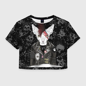 Женская футболка Crop-top 3D с принтом Кот в косухе в Екатеринбурге, 100% полиэстер | круглая горловина, длина футболки до линии талии, рукава с отворотами | anarchy | breed | cat | clothes | cool | hairstyle | icon | jacket | kote | mohawk | muzzle | piercing | punk | riveting | rock | skull | sphinx | spikes | tattoo | анархия | значок | ирокез | к | клепки | кот | котик | котэ | круто | куртка | оде