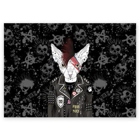 Поздравительная открытка с принтом Кот в косухе в Екатеринбурге, 100% бумага | плотность бумаги 280 г/м2, матовая, на обратной стороне линовка и место для марки
 | anarchy | breed | cat | clothes | cool | hairstyle | icon | jacket | kote | mohawk | muzzle | piercing | punk | riveting | rock | skull | sphinx | spikes | tattoo | анархия | значок | ирокез | к | клепки | кот | котик | котэ | круто | куртка | оде