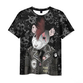 Мужская футболка 3D с принтом Крыса в косухе в Екатеринбурге, 100% полиэфир | прямой крой, круглый вырез горловины, длина до линии бедер | anarchy | clothes | cool | earring | hairstyle | hamster | icon | jacket | mohawk | mouse | music | muzzle | piercing | punk | rat | riveting | rock | skull | spikes | анархия | значок | ирокез | к | клепки | круто | крыса | куртка | музыка | мышь