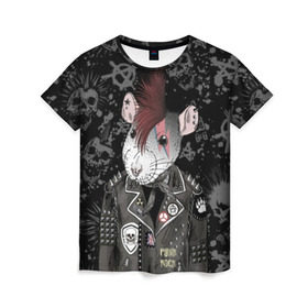 Женская футболка 3D с принтом Крыса в косухе в Екатеринбурге, 100% полиэфир ( синтетическое хлопкоподобное полотно) | прямой крой, круглый вырез горловины, длина до линии бедер | anarchy | clothes | cool | earring | hairstyle | hamster | icon | jacket | mohawk | mouse | music | muzzle | piercing | punk | rat | riveting | rock | skull | spikes | анархия | значок | ирокез | к | клепки | круто | крыса | куртка | музыка | мышь
