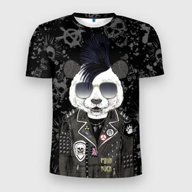 Мужская футболка 3D спортивная с принтом Панда в косухе в Екатеринбурге, 100% полиэстер с улучшенными характеристиками | приталенный силуэт, круглая горловина, широкие плечи, сужается к линии бедра | Тематика изображения на принте: anarchy | bear | color | cool | icon | jacket | mohawk | music | panda | piercing | punk | purple | rock | skull | white | аксессуар | анархия | белый | значок | ирокез | круто | куртка | медведь | музыка | одежда | очки | панда | панк |