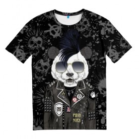 Мужская футболка 3D с принтом Панда в косухе в Екатеринбурге, 100% полиэфир | прямой крой, круглый вырез горловины, длина до линии бедер | Тематика изображения на принте: anarchy | bear | color | cool | icon | jacket | mohawk | music | panda | piercing | punk | purple | rock | skull | white | аксессуар | анархия | белый | значок | ирокез | круто | куртка | медведь | музыка | одежда | очки | панда | панк |