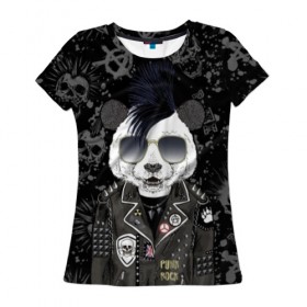 Женская футболка 3D с принтом Панда в косухе в Екатеринбурге, 100% полиэфир ( синтетическое хлопкоподобное полотно) | прямой крой, круглый вырез горловины, длина до линии бедер | anarchy | bear | color | cool | icon | jacket | mohawk | music | panda | piercing | punk | purple | rock | skull | white | аксессуар | анархия | белый | значок | ирокез | круто | куртка | медведь | музыка | одежда | очки | панда | панк |