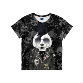Детская футболка 3D с принтом Панда в косухе в Екатеринбурге, 100% гипоаллергенный полиэфир | прямой крой, круглый вырез горловины, длина до линии бедер, чуть спущенное плечо, ткань немного тянется | anarchy | bear | color | cool | icon | jacket | mohawk | music | panda | piercing | punk | purple | rock | skull | white | аксессуар | анархия | белый | значок | ирокез | круто | куртка | медведь | музыка | одежда | очки | панда | панк |