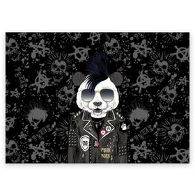 Поздравительная открытка с принтом Панда в косухе в Екатеринбурге, 100% бумага | плотность бумаги 280 г/м2, матовая, на обратной стороне линовка и место для марки
 | anarchy | bear | color | cool | icon | jacket | mohawk | music | panda | piercing | punk | purple | rock | skull | white | аксессуар | анархия | белый | значок | ирокез | круто | куртка | медведь | музыка | одежда | очки | панда | панк |