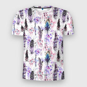 Мужская футболка 3D спортивная с принтом Акварельные перья в Екатеринбурге, 100% полиэстер с улучшенными характеристиками | приталенный силуэт, круглая горловина, широкие плечи, сужается к линии бедра | beads | bird | blue | boho | bright | circles | color | dots | ethnic | feathers | flower | hippie | illustration | ma | pink | purple | watercolor | акварель | бохо | бусы | василек | иллюстрация | круги | лиловый | перья | птичьи | розовый | с