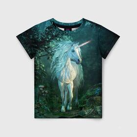 Детская футболка 3D с принтом Единорог в Екатеринбурге, 100% гипоаллергенный полиэфир | прямой крой, круглый вырез горловины, длина до линии бедер, чуть спущенное плечо, ткань немного тянется | Тематика изображения на принте: animal | beautiful | blue | fantasy | green | hooves | horn | horse | magi | mushrooms | nature | night | unicorn | white | белый | волшебство | грибы | грива | единорог | животное | зеленый | иллюстрация | копыта | лес | лошадь | мифология | но