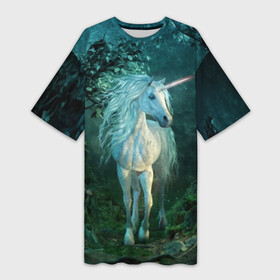 Платье-футболка 3D с принтом Единорог в Екатеринбурге,  |  | animal | beautiful | blue | fantasy | green | hooves | horn | horse | magi | mushrooms | nature | night | unicorn | white | белый | волшебство | грибы | грива | единорог | животное | зеленый | иллюстрация | копыта | лес | лошадь | мифология | но