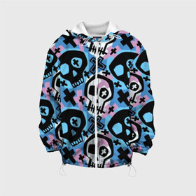 Детская куртка 3D с принтом Черепа в Екатеринбурге, 100% полиэстер | застежка — молния, подол и капюшон оформлены резинкой с фиксаторами, по бокам — два кармана без застежек, один потайной карман на груди, плотность верхнего слоя — 90 г/м2; плотность флисового подклада — 260 г/м2 | black | blue | crosses | graffiti | halloween | ornament | pattern | pink | skull | white | белый | граффити | кресты | орнамент | розовый | синий | узор | хэллоуин | черепа | черный