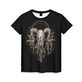 Женская футболка 3D с принтом Овен в ловце снов в Екатеринбурге, 100% полиэфир ( синтетическое хлопкоподобное полотно) | прямой крой, круглый вырез горловины, длина до линии бедер | aries | black | charm | cobweb | dream catcher | ethnic | feathers | goat | horns | mystic | national | ram | skeleton | skull | taurus | totem | баран | гороскоп | знак зодиака | козел | ловец снов | мистика | национальный | оберег | овен | паутина | пер