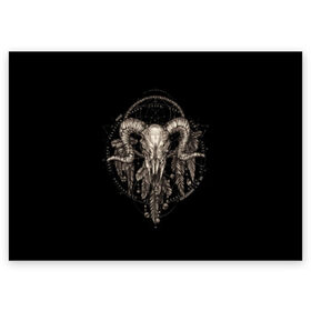 Поздравительная открытка с принтом Овен в ловце снов в Екатеринбурге, 100% бумага | плотность бумаги 280 г/м2, матовая, на обратной стороне линовка и место для марки
 | Тематика изображения на принте: aries | black | charm | cobweb | dream catcher | ethnic | feathers | goat | horns | mystic | national | ram | skeleton | skull | taurus | totem | баран | гороскоп | знак зодиака | козел | ловец снов | мистика | национальный | оберег | овен | паутина | пер