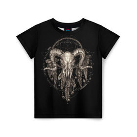 Детская футболка 3D с принтом Овен в ловце снов в Екатеринбурге, 100% гипоаллергенный полиэфир | прямой крой, круглый вырез горловины, длина до линии бедер, чуть спущенное плечо, ткань немного тянется | Тематика изображения на принте: aries | black | charm | cobweb | dream catcher | ethnic | feathers | goat | horns | mystic | national | ram | skeleton | skull | taurus | totem | баран | гороскоп | знак зодиака | козел | ловец снов | мистика | национальный | оберег | овен | паутина | пер