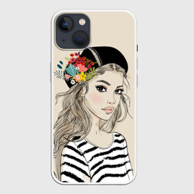 Чехол для iPhone 13 с принтом Парижанка в берете в Екатеринбурге,  |  | beauty | beret | black | blonde | chic | eyes | fashion | flowers | french | girl | lips | look | paris | stripes | style | white | woman | young | youth | белый | берет | блондинка | взгляд | глаза | губы | девушка | женщина | красотка | мода | молодая |