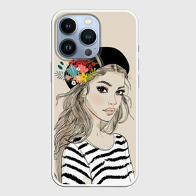 Чехол для iPhone 13 Pro с принтом Парижанка в берете в Екатеринбурге,  |  | beauty | beret | black | blonde | chic | eyes | fashion | flowers | french | girl | lips | look | paris | stripes | style | white | woman | young | youth | белый | берет | блондинка | взгляд | глаза | губы | девушка | женщина | красотка | мода | молодая |