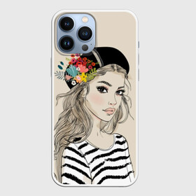 Чехол для iPhone 13 Pro Max с принтом Парижанка в берете в Екатеринбурге,  |  | beauty | beret | black | blonde | chic | eyes | fashion | flowers | french | girl | lips | look | paris | stripes | style | white | woman | young | youth | белый | берет | блондинка | взгляд | глаза | губы | девушка | женщина | красотка | мода | молодая |