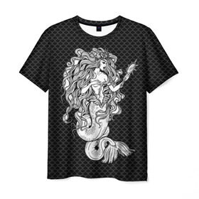 Мужская футболка 3D с принтом Русалка с зеркалом в Екатеринбурге, 100% полиэфир | прямой крой, круглый вырез горловины, длина до линии бедер | beauty | black | body | cool | curls | fin | fish | goddess | hair | magic | mermaid | mirror | niida | scales | sea | siren | tail | white | белый | богиня | волосы | волшебство | зеркало | красотка | кудри | магия | море | нияда | плавник | прикольно | 