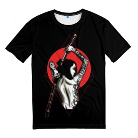 Мужская футболка 3D с принтом Девушка с мечом в Екатеринбурге, 100% полиэфир | прямой крой, круглый вырез горловины, длина до линии бедер | beauty | black | brunette | cool | girl | gray | japan | japanese | mafia | red | samurai | sun | sword | tattoo | white | woman | yakuza | young | белый | брюнетка | девушка | женщина | красный | красотка | круто | мафия | меч | молодая | самурайский | с