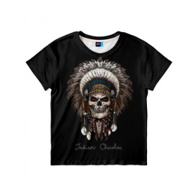 Детская футболка 3D с принтом Череп с роучем в Екатеринбурге, 100% гипоаллергенный полиэфир | прямой крой, круглый вырез горловины, длина до линии бедер, чуть спущенное плечо, ткань немного тянется | Тематика изображения на принте: cherokee | culture | ethnic | feathers | indian | national | navajo | roach | skeleton | skull | traditional | индеец | культура | навахо | национальный | перья | роуч | скелет | традиционный | череп | чероки | этнический