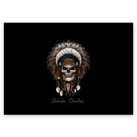 Поздравительная открытка с принтом Череп с роучем в Екатеринбурге, 100% бумага | плотность бумаги 280 г/м2, матовая, на обратной стороне линовка и место для марки
 | cherokee | culture | ethnic | feathers | indian | national | navajo | roach | skeleton | skull | traditional | индеец | культура | навахо | национальный | перья | роуч | скелет | традиционный | череп | чероки | этнический