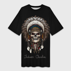 Платье-футболка 3D с принтом Череп с роучем в Екатеринбурге,  |  | cherokee | culture | ethnic | feathers | indian | national | navajo | roach | skeleton | skull | traditional | индеец | культура | навахо | национальный | перья | роуч | скелет | традиционный | череп | чероки | этнический