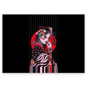 Поздравительная открытка с принтом Гейша в Екатеринбурге, 100% бумага | плотность бумаги 280 г/м2, матовая, на обратной стороне линовка и место для марки
 | beauty | black | bright | character | cool | decorations | flowers | geisha | girl | hairstyle | japan | kimon | lines | red | stripes | woman | young | девушка | женщина | иероглиф | кимоно | красный | красотка | круто | линии | молодая | полосы 