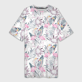 Платье-футболка 3D с принтом Фламинго в Екатеринбурге,  |  | abstraction | beak | bird | fauna | feathers | flamingo | flora | flower | happiness | jungle | leaves | nature | pink | tropical | tropics | white | yellow | абстракция | белый | джунгли | желтый | клюв | листья | перья | природа | птица | розовый | счас