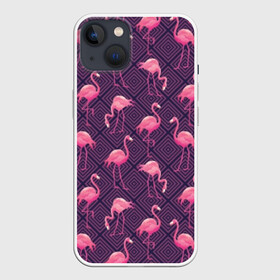 Чехол для iPhone 13 с принтом Фламинго в Екатеринбурге,  |  | abstraction | beak | bird | fauna | feathers | flamingo | flora | geometry | happiness | nature | pink | purple | tropical | tropics | абстракция | геометрия | клюв | перья | природа | птица | розовый | счастье | тропики | тропический | фауна | фиолетовый
