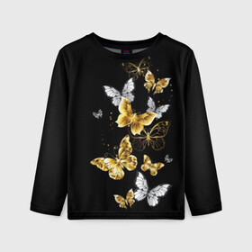 Детский лонгслив 3D с принтом Золотые бабочки в Екатеринбурге, 100% полиэстер | длинные рукава, круглый вырез горловины, полуприлегающий силуэт
 | Тематика изображения на принте: airy | black | butterfly | cool | cute | flight | flit | gold | insect | magical | white | wings | yellow | бабочка | белый | воздушный | волшебный | желтый | золото | крылья | милый | насекомое | полёт | порхать | прикольный | черный