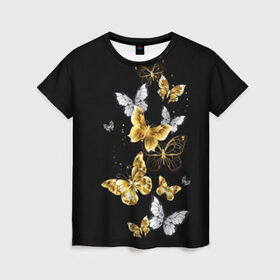 Женская футболка 3D с принтом Золотые бабочки в Екатеринбурге, 100% полиэфир ( синтетическое хлопкоподобное полотно) | прямой крой, круглый вырез горловины, длина до линии бедер | Тематика изображения на принте: airy | black | butterfly | cool | cute | flight | flit | gold | insect | magical | white | wings | yellow | бабочка | белый | воздушный | волшебный | желтый | золото | крылья | милый | насекомое | полёт | порхать | прикольный | черный