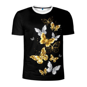 Мужская футболка 3D спортивная с принтом Золотые бабочки в Екатеринбурге, 100% полиэстер с улучшенными характеристиками | приталенный силуэт, круглая горловина, широкие плечи, сужается к линии бедра | airy | black | butterfly | cool | cute | flight | flit | gold | insect | magical | white | wings | yellow | бабочка | белый | воздушный | волшебный | желтый | золото | крылья | милый | насекомое | полёт | порхать | прикольный | черный