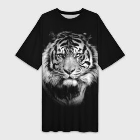 Платье-футболка 3D с принтом Тигр в Екатеринбурге,  |  | animal | beautiful | black | cool | fangs | fauna | mustache | muzzle | nature | photo | predator | striped | tiger | view | white | wild | wool | белый | взгляд | дикий | животное | клыки | красивый | круто | полосатый | природа | тигр | усы | фа