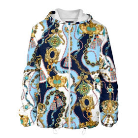 Мужская куртка 3D с принтом Барокко в Екатеринбурге, ткань верха — 100% полиэстер, подклад — флис | прямой крой, подол и капюшон оформлены резинкой с фиксаторами, два кармана без застежек по бокам, один большой потайной карман на груди. Карман на груди застегивается на липучку | baroque | blue | chain | decoration | fringe | gold | ribbon | style | vintage | white | барокко | бахрома | белый | винтаж | золото | кисточка | лента | синий | стиль | украшения | цепочка