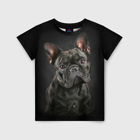 Детская футболка 3D с принтом Французский бульдог в Екатеринбурге, 100% гипоаллергенный полиэфир | прямой крой, круглый вырез горловины, длина до линии бедер, чуть спущенное плечо, ткань немного тянется | Тематика изображения на принте: animal | background | beast | black | breed | bulldog | cool | cute | dog | ears | french | jaw | look | muzzle | portrait | wool | бульдог | взгляд | животное | зверь | милый | пёс | порода | портрет | прикольно | псина | собака | уши | фон | фра