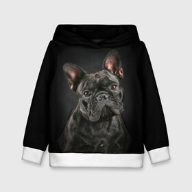 Детская толстовка 3D с принтом Французский бульдог в Екатеринбурге, 100% полиэстер | двухслойный капюшон со шнурком для регулировки, мягкие манжеты на рукавах и по низу толстовки, спереди карман-кенгуру с мягким внутренним слоем | animal | background | beast | black | breed | bulldog | cool | cute | dog | ears | french | jaw | look | muzzle | portrait | wool | бульдог | взгляд | животное | зверь | милый | пёс | порода | портрет | прикольно | псина | собака | уши | фон | фра