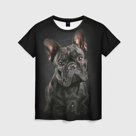 Женская футболка 3D с принтом Французский бульдог в Екатеринбурге, 100% полиэфир ( синтетическое хлопкоподобное полотно) | прямой крой, круглый вырез горловины, длина до линии бедер | Тематика изображения на принте: animal | background | beast | black | breed | bulldog | cool | cute | dog | ears | french | jaw | look | muzzle | portrait | wool | бульдог | взгляд | животное | зверь | милый | пёс | порода | портрет | прикольно | псина | собака | уши | фон | фра