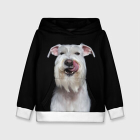 Детская толстовка 3D с принтом Белый шнауцер в Екатеринбурге, 100% полиэстер | двухслойный капюшон со шнурком для регулировки, мягкие манжеты на рукавах и по низу толстовки, спереди карман-кенгуру с мягким внутренним слоем | animal | background | beast | black | breed | cool | cute | dog | ears | fangs | jaw | look | muzzle | portrait | tongue | white | wool | белый | взгляд | животное | зверь | клыки | милый | пёс | порода | портрет | прикольно | псина | собака | уши