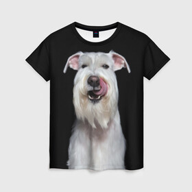 Женская футболка 3D с принтом Белый шнауцер в Екатеринбурге, 100% полиэфир ( синтетическое хлопкоподобное полотно) | прямой крой, круглый вырез горловины, длина до линии бедер | animal | background | beast | black | breed | cool | cute | dog | ears | fangs | jaw | look | muzzle | portrait | tongue | white | wool | белый | взгляд | животное | зверь | клыки | милый | пёс | порода | портрет | прикольно | псина | собака | уши