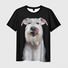 Мужская футболка 3D с принтом Белый шнауцер в Екатеринбурге, 100% полиэфир | прямой крой, круглый вырез горловины, длина до линии бедер | animal | background | beast | black | breed | cool | cute | dog | ears | fangs | jaw | look | muzzle | portrait | tongue | white | wool | белый | взгляд | животное | зверь | клыки | милый | пёс | порода | портрет | прикольно | псина | собака | уши